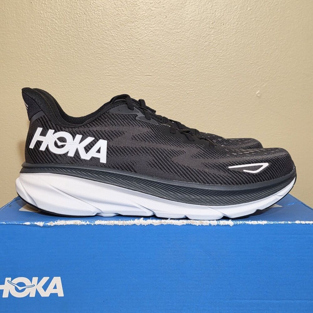 Hoka One One Clifton 9 Running Shoes Black White 1127895-BWHT Men's Size 14